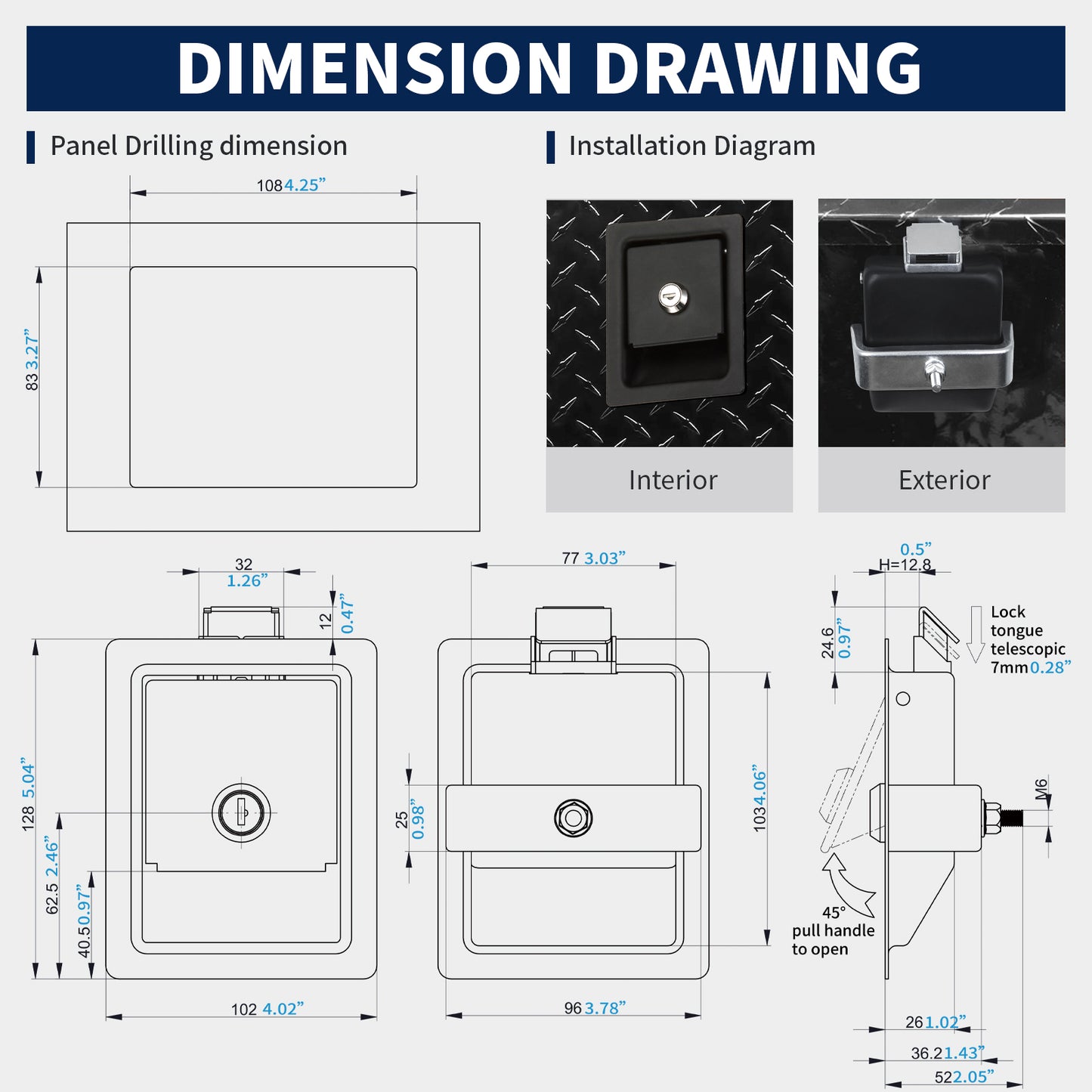 MS866-3 Black Truck Tool Box Latch Replacement, Flush Mount Paddle Lock, Pull Handle Lock for Trailer Pickup RV Electrical Cabinet