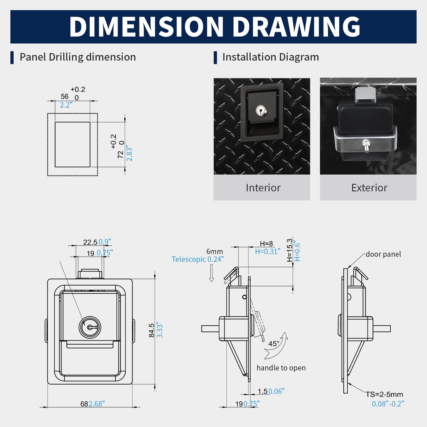 MS866-4 Truck Tool Box Latch Replacement, Flush Mount Paddle Lock Samll Size, Pull Handle Lock