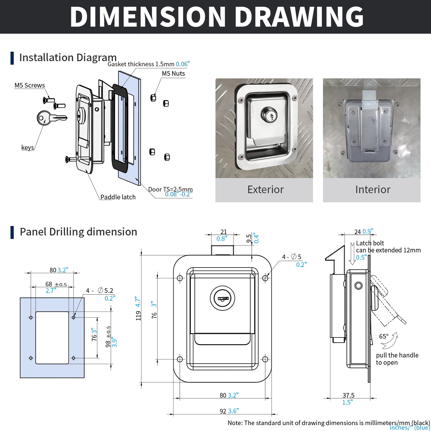 MS858A Truck Toolbox Latch Replacement, Standard Flush Mount Paddle Latch 304 Stainless Steel