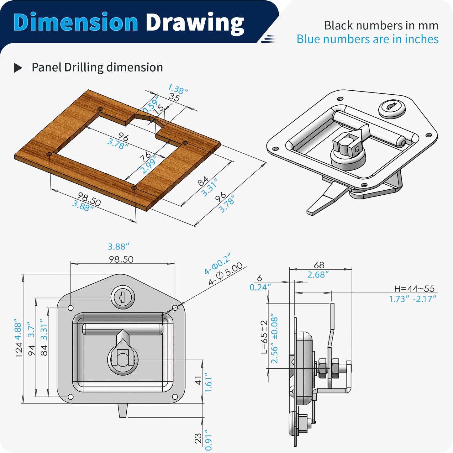 Truck Tool Box Latch Replacement 304 Stainless Steel Folding T-Handle Lock with Keys for RV Camper Trailer Door Latch 1 pc