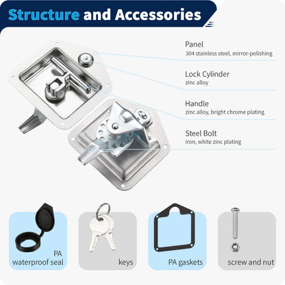 Truck Tool Box Latch Replacement 304 Stainless Steel Folding T-Handle Lock with Keys for RV Camper Trailer Door Latch 1 pc